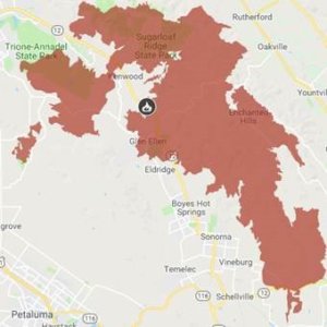 A fire location map of the 2017 Northern California Nuns fire.