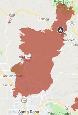 A fire location map of the 2017 Northern California Tubbs Fires.